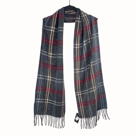 Cejon Plaid Fringe Scarf Charcoal Red Beige 100% Acrylic Italy Unisex NWT's - Picture 1 of 7